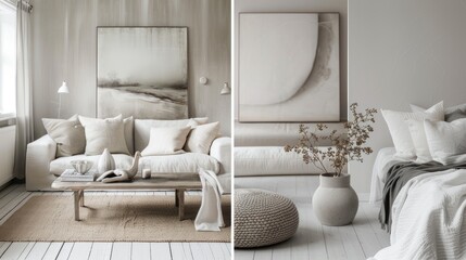 Scandinavian decor as a moodboard reflects the hallmark features of Nordic style, blending natural materials, cozy textures, and muted hues to create a serene and inviting ambiance. - obrazy, fototapety, plakaty