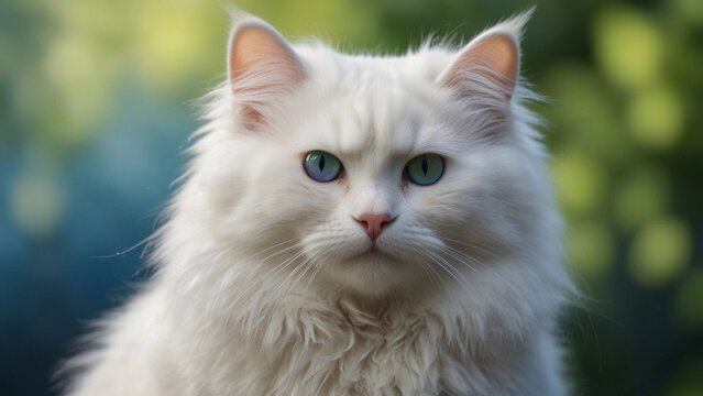 White cat on a blue background with different colored eyes, one green, one blue