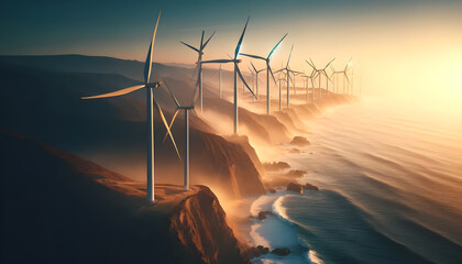 modern wind turbines elegantly positioned on the rolling hills of a mountain range