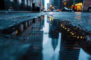 A photo of a cityscape reflected in a puddle of water - Powered by Adobe