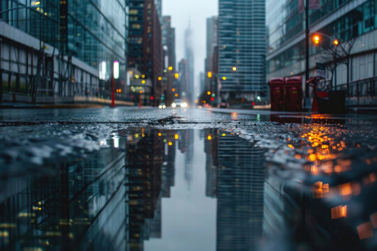 A photo of a cityscape reflected in a puddle of water