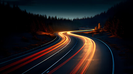 Illuminated path on curved road at night, night traffic route, motion blur