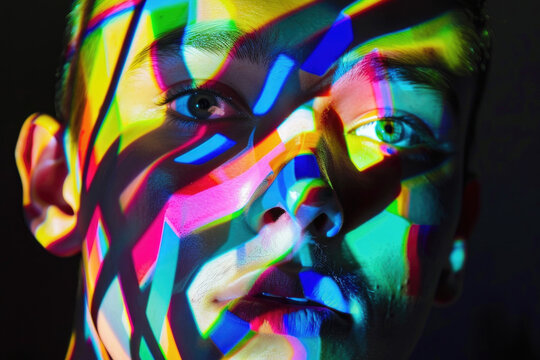 A creative and artistic photo of a person's face with their features obscured by colorful shapes