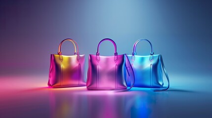 luxury women's bags in the air with colored light spinning in it,background light gray blue and pink gradient