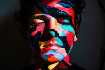 A creative and artistic photo of a person's face with their features obscured by colorful shapes