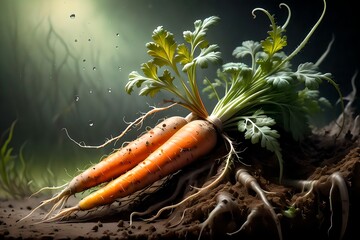Long carrots in the remains of the soil, with green tops. - obrazy, fototapety, plakaty