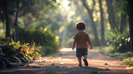 medium shot portrait photography showcases a child boy strolling through a spontaneous setting, the image taken from behind to emphasize the journey ahead.