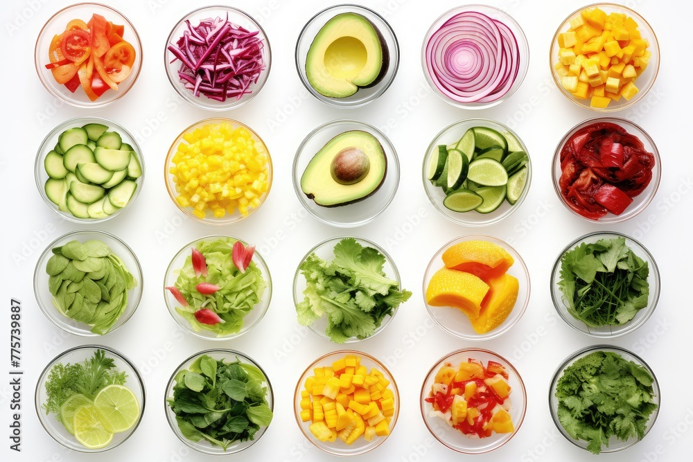Poster assorted fresh vegetables displayed in colorful bowls. generative ai