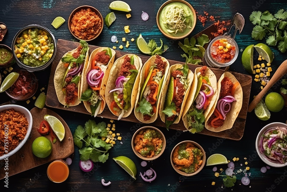 Poster a table is covered with an assortment of tacos and bowls filled with vibrant salsa. generative ai