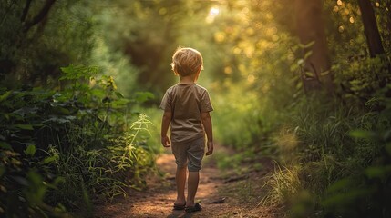 medium shot portrait photography showcases a child boy strolling through a spontaneous setting, the image taken from behind to emphasize the journey ahead. - obrazy, fototapety, plakaty