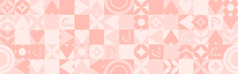 Seamless pink background for Mother's Day card template. Trendy geometric shapes with circles, squares and hearts in retro style for a Valentine's Day or wedding day cover. - 775740273