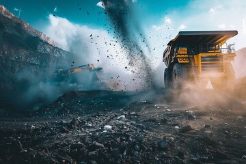Group of Miners Operating Heavy Machinery in a Surface Mining Operation, With Dust and Debris Filling The Air, Generative AI