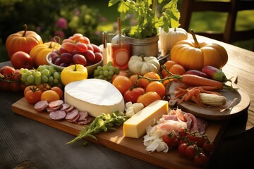A wooden table covered with a wide assortment of healthy and fresh farm foods, including fruits, vegetables, bread, cheese, and meats. Generative AI