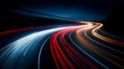 Illuminated path on curved road at night, night traffic route, motion blur