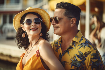 Sun-kissed couple in vibrant summer fashion, radiating romance and joy, ideal for lifestyle and travel themes
