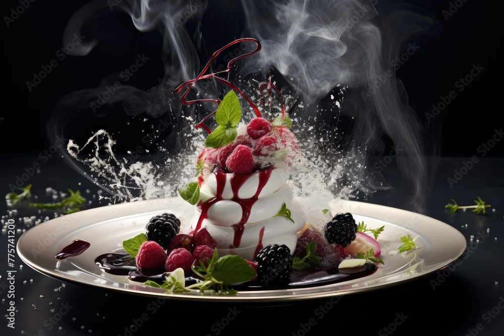 Poster a plate featuring a cake covered in whipped cream and adorned with fresh berries, creating a visuall