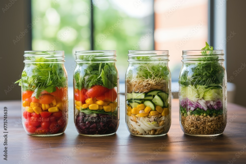 Poster a lineup of mason jars filled with various types of fresh vegetables, neatly arranged in a row. gene
