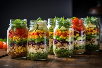 A lineup of mason jars filled with various types of fresh vegetables, showcasing a colorful and healthy food storage option. Generative AI