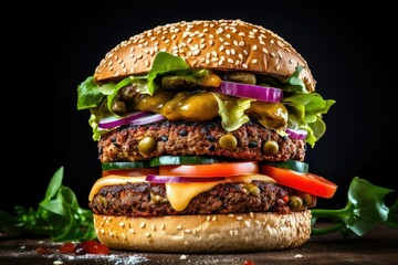 A veggie burger stacked with lettuce, tomato, onion, and pickles on a sesame seed bun, ready to be...