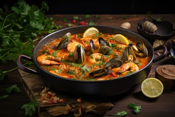 A pan of flavorful seafood stew garnished with fresh lemon wedges and parsley. Generative AI