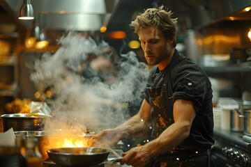 A chef cooks food in a restaurant kitchen, with determination, a fire blazes and a little smoke.