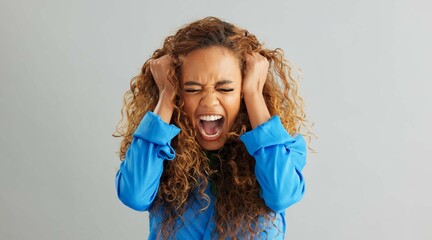 Woman, anger and screaming with depression in studio for stress, mental health and death by...