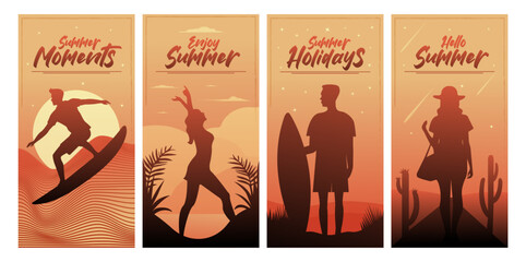 Summer posters set with people. Dancing girl. Man with surfboard. Girl in hat on road