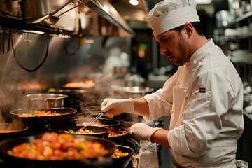 A chef cooks food in a restaurant kitchen, with determination, a fire blazes and a little smoke.