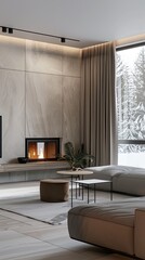 a clean and modern living room adorned with a cozy fireplace, where simplicity meets sophistication in a harmonious blend of contemporary design.