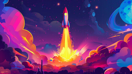 A colorful cartoon space ship preparing for lift-off,