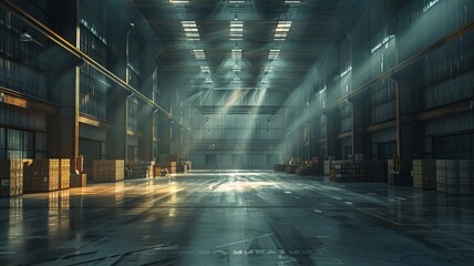 Illuminated warehouse interior with organized shelves