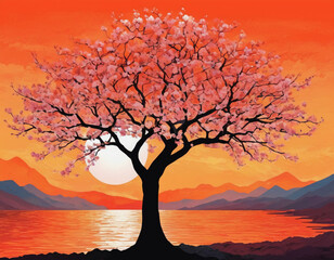 tree on sunset digital art landscape