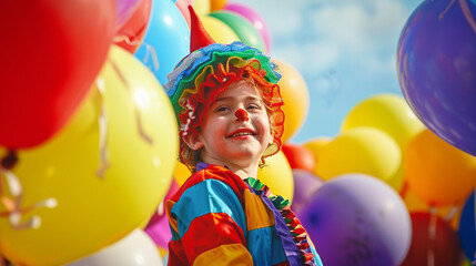 Fototapeta na wymiar A kid surrounded by colorful balloons and circus performers, dreaming of being a professional clown or acrobat,