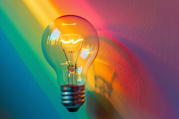 A lightbulb shining brightly against a rainbow of colors,