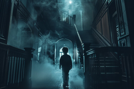A kid walking through a haunted mansion, imagining themselves as a ghost hunter or paranormal investigator,