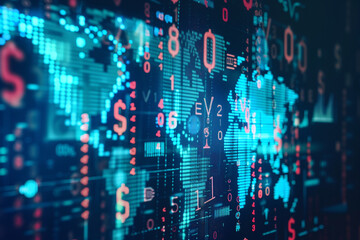 An AI-generated artwork that visually represents a unique blend of currency symbols on a world map background,