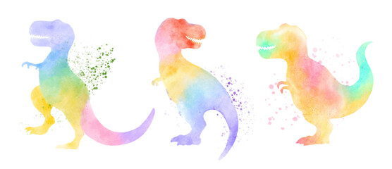 Tyrannosaurus rex dinosaurs . Colorful silhouette watercolor painting style . Set 2 of 5 . Illustration .