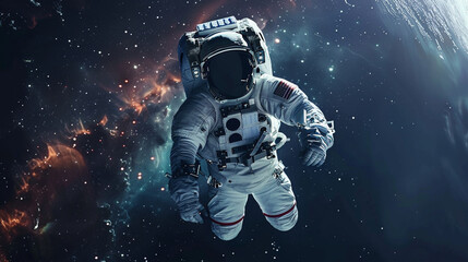 An artistic representation of an astronaut floating amidst the cosmos in their spacesuit, - obrazy, fototapety, plakaty
