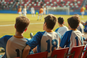 Teenage Boys Sitting on Substitute Bench. Kids Sitting on Soccer Stadium. Football Players in a Team