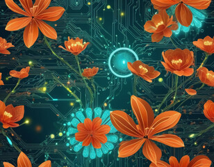 abstract nature and technology floral fractal digital art background with flowers and electric circuit