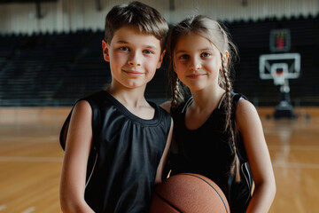 Happy School Children. Team Friends Play Basketball Game Together. Children Play Sports Game at Indoor Court. Little Boy and Girl Smiling to the Camera and Holding Basketball Ball