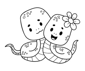 Couple cute snake in love. Romantic reptile girl and boy. Outline animal cartoon character. Line drawing, coloring book. Vector illustration. Kids collection