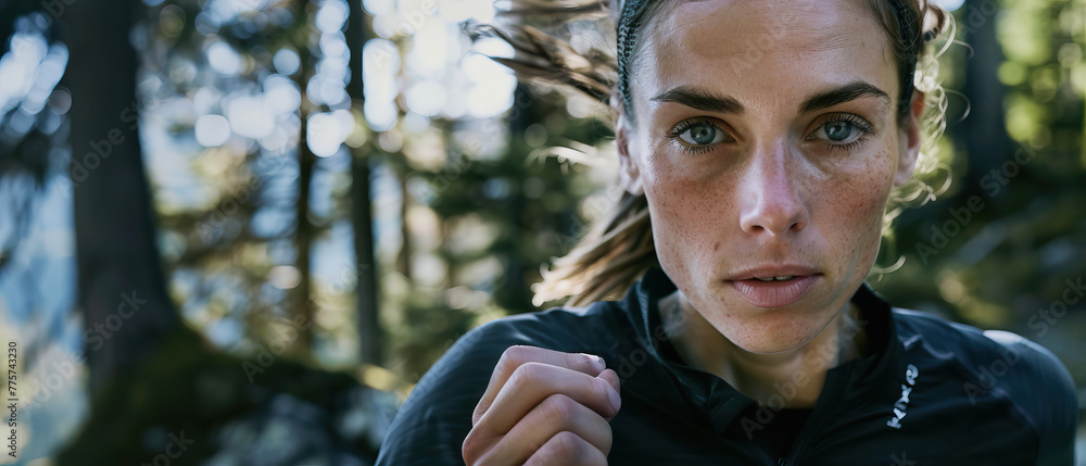 Wall mural Close-up macro portrait of long distance ultra marathon trail running athlete, running on an outdoor trail. Woman isolated against trail background. Bright clear day, juxtaposition of light and shadow