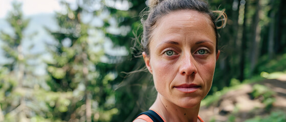 Close-up macro portrait of long distance ultra marathon trail running athlete, running on an outdoor trail. Woman isolated against trail background. Bright clear day, juxtaposition of light and shadow
