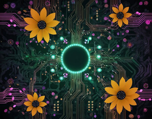 abstract background with flowers and electronic circuit