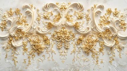 a rich golden baroque ornament delicately engraved on a pristine white background. The intricate details and lavish curves of the design exude opulence and sophistication