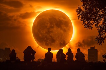 Silhouettes of people looking at the eclipse of the sun during sunset and sunrise