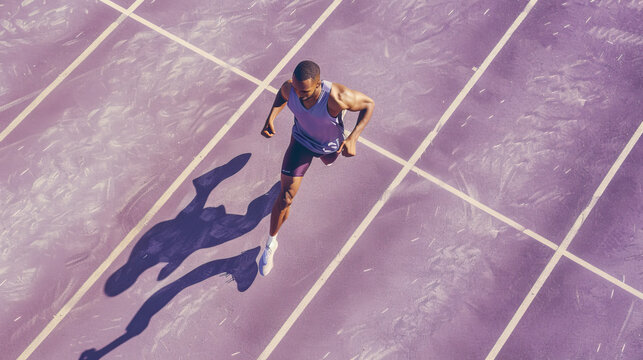 Aerial drone portrait of young man running athlete training on an athletics track. Man isolated against track background. Bright clear day, juxtaposition of light and shadow