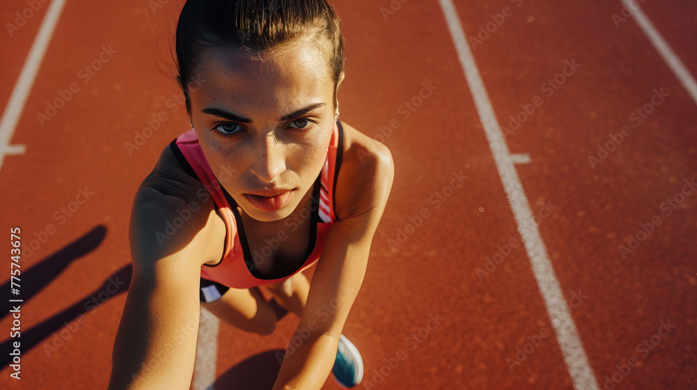 Wall mural Aerial drone portrait of young woman running athlete training on an athletics track. Woman isolated against track background. Bright clear day, juxtaposition of light and shadow