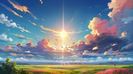 Anime fantasy wallpaper background concept : Dramatic orange and red light fills the sky with clouds as the sun sets over a beautiful landscape, generative ai - obrazy, fototapety, plakaty